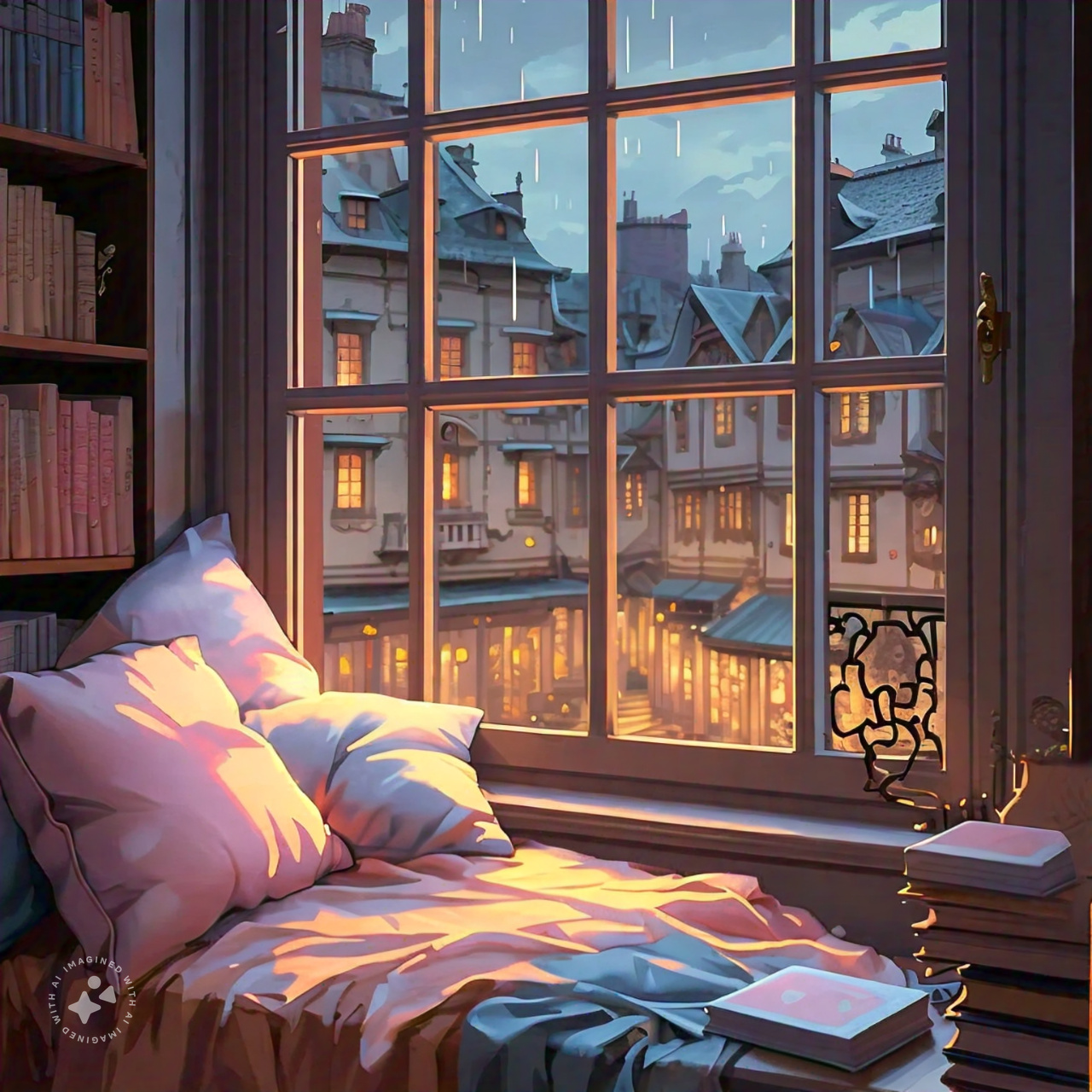A warm, amber-lit window seat with stacked books, rain streaking the leaded glass panes, a cozy interior against the cool blue of dusk outside